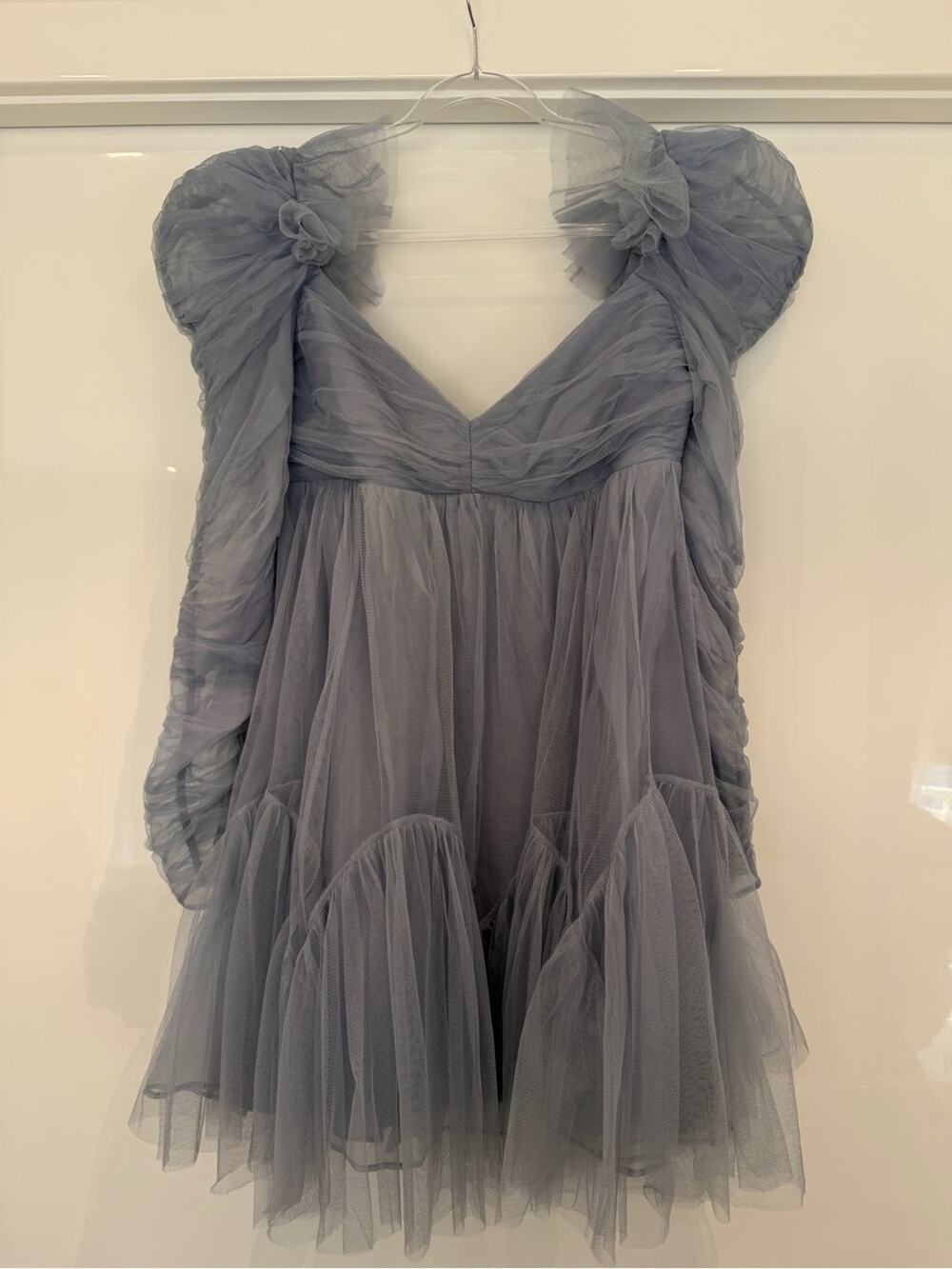Zimmermann Dusty Blue Puff-Sleeve Tulle Mini Dress